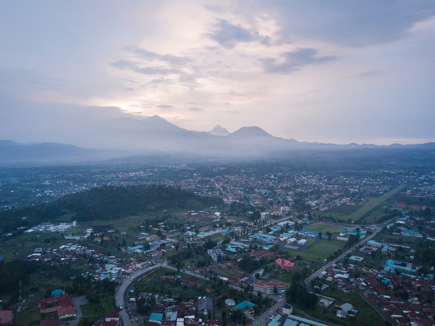 The town of Musanze at sunset, seen from above